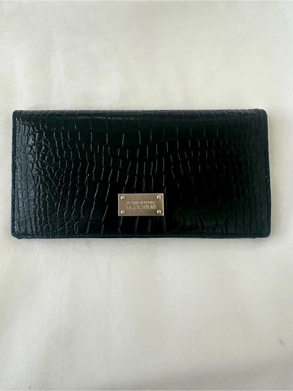 KENNETH COLE REACTION Black Croc Embossed Patent Snap Wallet Checkbook Clutch